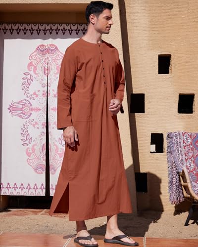 YAOHUOLE Kaftan for Men Long Sleeve Muslim Men Thobe Kaftan Thobe with Pockets - color: Brick Red, size: X-Large