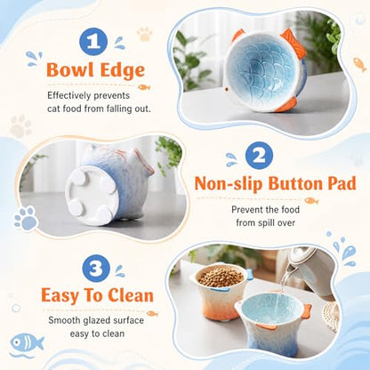 Tioncy 2 Pcs Raised Tilted Ceramic Cat Food Bowl Fish Shape Cute Elevated Slanted Shallow Angled Cat Dish Non Slip Feeder Bowl for Anti-Vomiting and Fatigue (Blue,Orange) - color: Blue,Orange