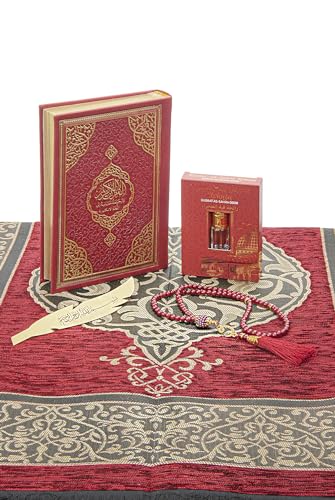 ihvan online Prayer Gift Set for Hajj and Umrah, Muslim Prayer Rug, Prayer Mat, Beads Taasbih, Holy Quran Translated English, Muslim Praying Mat, Islamic Gift Set for Ramadan & Eid, Red - color: Red English
