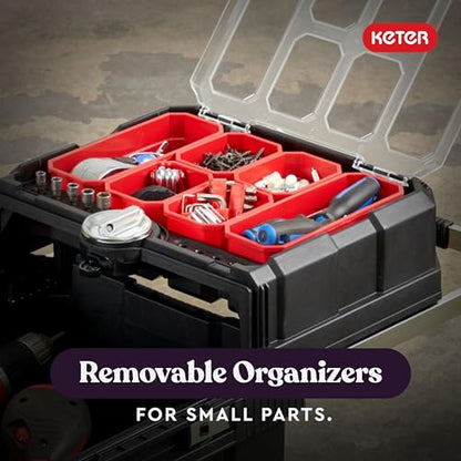 Keter Masterloader Resin Rolling Tool Box with Locking System and Removable Bins – Perfect Organization and Storage Chest for Power Drill, Tape Measure, and Screwdriver Set, Black | Black, Heavy Duty, Weatherproof, All Terrain Wheels, Durable, Easy Slide