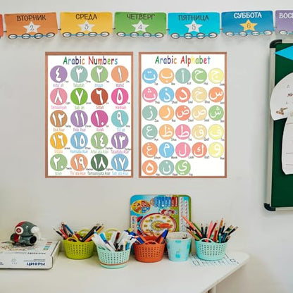 Arabic Alphabet, Numbers 1-20 Poster for Classroom Wall, Laminated, 12”x16”,2 Pack, Visual Learning Educational Learning Wall Chart for Kids, Classrooms, Home School Décor, Back to School Supplies