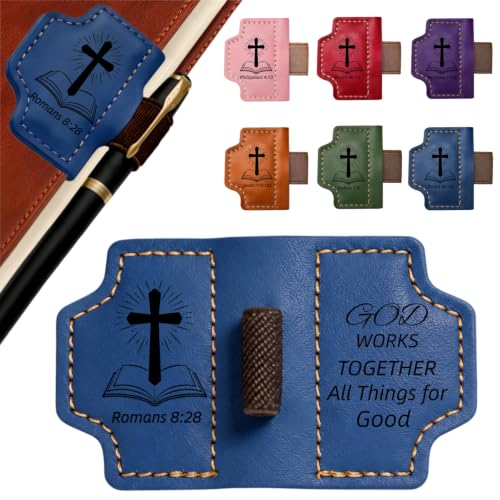 Magnetic Leather Bible Bookmark with Pen Holder, Romans 8:28 Blue - color: Blue, size: Romans 8:28