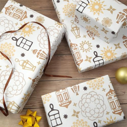 Eid Mubarak Wrapping Paper, White Islamic Ramadan Gift Wrap Paper with Mandala,Lantern,Mosque Pattern for Eid al-Fitr, Ramadan Muslim Celebration - 4 Folded Sheets 20x28 Inches