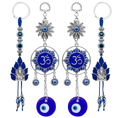 OM Evil Eye Wall Hanging Hindu God Lord Ganesha Evil Eye Keychains Set - Evil Eye Charm Car Decor Turkish Nazar Amulet Boncugu Car Rearview Mirror Home Window Door Shrine Spiritual Ornament