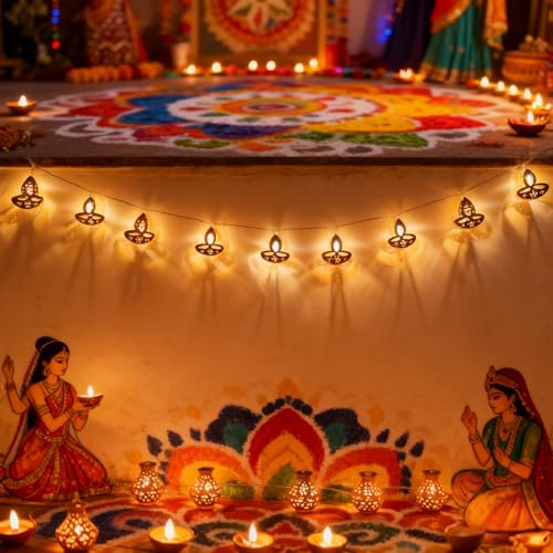 KYMY Diwali String Lights, 10ft 20 LED Battery Operated Deepavali Rangoli Curtain Warm Lights, India Festival of Lights Lotus Diyas Party Decorations for Hindu Wedding, Wall, Window, Fence Supplies - color: F-Warm