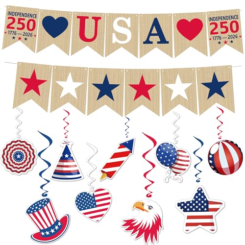 250th Anniversary Decorations - Hanging Swirls 250 Anniversary USA Banner | Fourth of July Decorations - 4th of July Garland Flag Accessories Merchandise for Party Favors Supplies Indoor Outdoor Home - color: Red Blue White