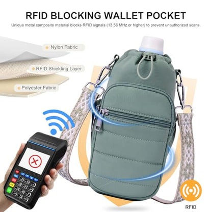 Water Bottle Bag 40 oz Crossbody Holder for Walking Hiking Insulated Carrier Purse with Adjustable Strap - color: Green