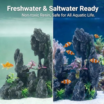 Aquarium Resin Castle Decor, Large Ancient Stone Castle Fish Tank Ornament with Caves & Tunnels, Realistic Hideout for Betta Fish, Guppies, Shrimp, Turtles (Freshwater & Saltwater Safe) (Rockery)