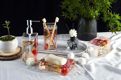 4 Piece Acrylic Liquid 4D Floating Motion Bathroom Vanity Accessory Set Garden Botanic Pink Plants Toothbrush Holder, Tumbler, Soap Dispenser, Soap Dish - size: 4-piece, style: Pink Plant