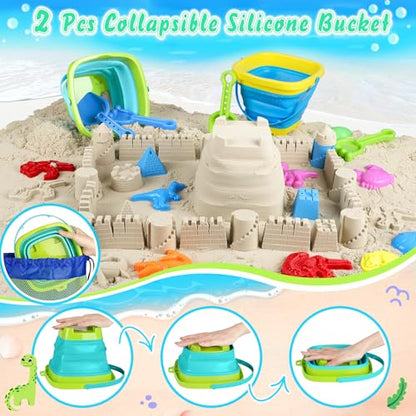 Beach Sand Toys, Sandbox Toys with 2 Dinosaur Dump Truck, Collapsible Bucket, Creative Molds, Mesh Bag, Sand Castle Play Set for Kids Ages 3-12, Outdoor Summer Beach Essentials for Building & Playing