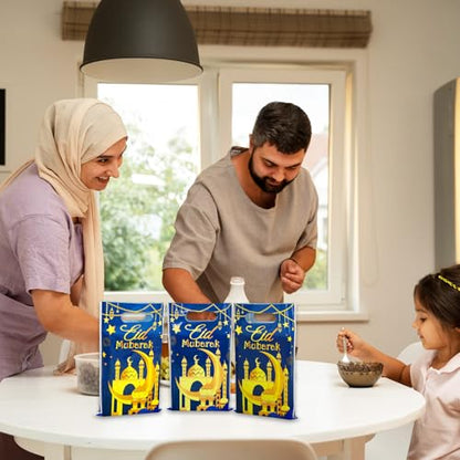 Whaline 50 Pcs Eid Mubarak Party Favor Bags Ramadan Treat Bags with Handles Blue Gold Plastic Candy Goodie Bags for Islamic Muslim Party Favors Supplies