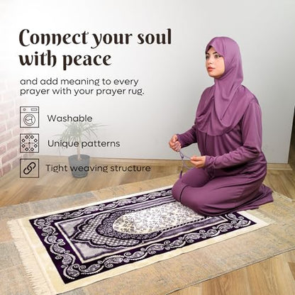 Velvet Muslim Prayer Rug Set with 99 Beads - Purple | Luxury Velvet, Classic Paisley Border Design, Thick Cushioned Janamaz, Non-Slip Backing, Travel Friendly, 99 Tasbeeh Included - color: Purple