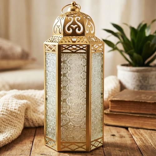 VELA LANTERNS 16" Extra Large Large Gold Metal Decorative Floor Moroccan Lantern Candle Holder Lamp - Indoor/Outdoor, Home Decor, Patio, Weddings, Ramadan Decor - color: Gold/Clear, size: Extra Large