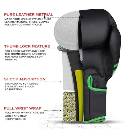 Boxing Gloves for Men & Women – Faux Leather Muay Thai, Kickboxing, MMA & Sparring Gloves – Training Heavy Bag Gloves with Secure Wrist Strap & Thumb Lock – 2 4 6 8 10 12 14 16oz - color: GREEN/BLACK, size: 10 OZ