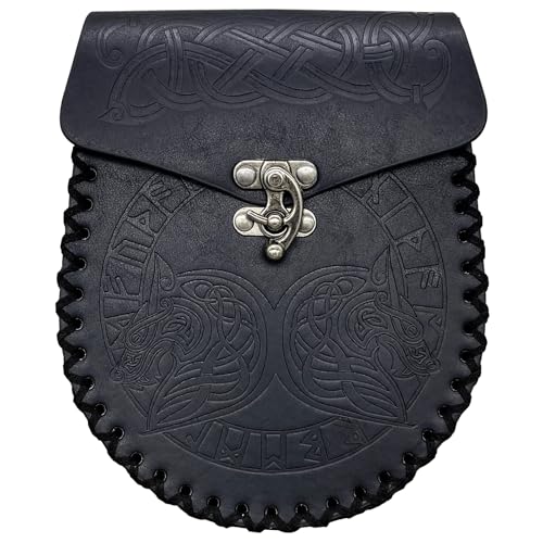 HiiFeuer Nordic Embossed Belt Bag, Retro Medieval Faux Leather Side Pocket, Portable Vintage Waist Bag for LARP Ren Faire - color: Fenrir Black