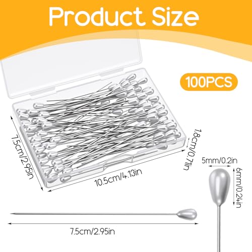 100PCS Corsage Pins, 3 Inch Long Teardrop Pearl Head Pins, Boutonniere Pin Straight Head for Sewing DIY Craft Decoration, Wedding, Jewelry Flower Decoration Pinning Quilt