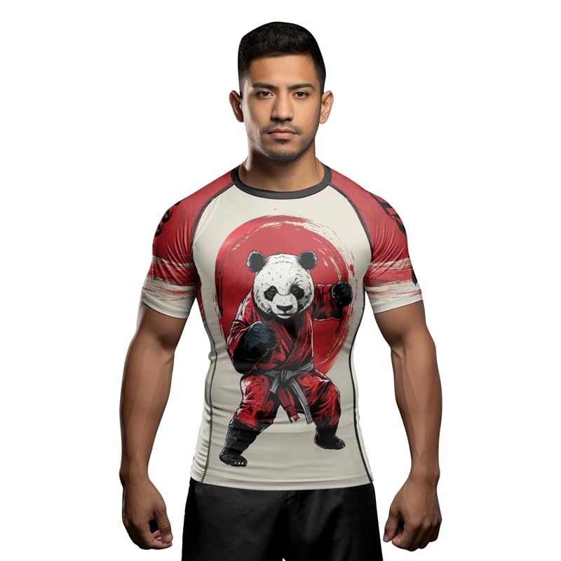 Panda Fighter Men's Short Sleeve Compression Rash Guard MMA Jiu Jitsu BJJ Grappling Base Layer Combat Shirt - color: V1, size: XX-Large