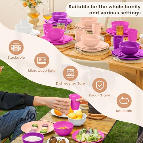 Homienly 40-Piece Wheat Straw Dinnerware Set, Reusable Plates and Bowls Sets, Alternative to Plastic Dishes Set-Dinner Plates with Textured Pattern, Bowls, Cups, Dishwasher Safe - Pink Flower - color: Pink Flower, size: 40 PCS
