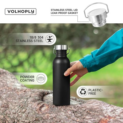 Volhoply 26oz Uninsulated Single Walled Water Bottle, Stainless Steel Reusable Water Bottles with Handle & Carabiner, BPA Free Wide Mouth Water Bottles for Gym Sports Camping（Black,1） - color: Black