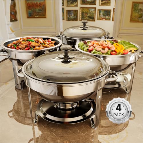 Chafing Dishes for Buffet, 4 Pack 5QT Round Stainless Steel Chafing Dish Set for Home Parties, Christmas Gatherings, Catering Events Complete Buffet Warmer Set (Silver 4) - color: Silver 4