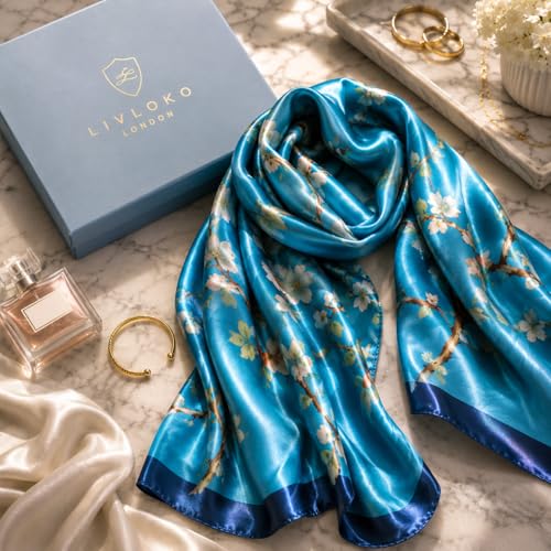LONDON Women’s Satin Silky Scarf Gift Box Large Lightweight Silky Smooth Shawl Wrap for Hair, Head, Neck or Hijab - color: Almond Blossom - Box