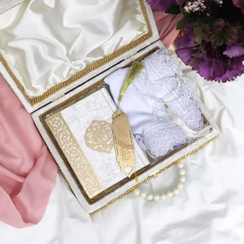 Modefa Islamic Luxury Pearl Islamic Gift Set - Holy Quran in Arabic - Velvet Box with Quran, Hijab, Tesbih, & Bookmark (White) - color: White