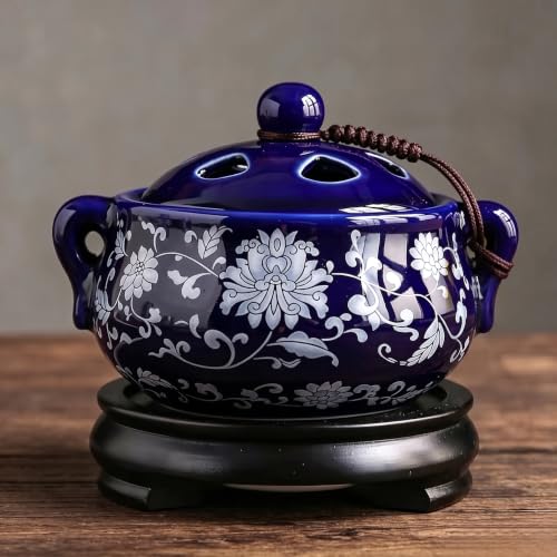 Electric Resin Burner with Timing,Ceramic Electric Incense Burner,Bakhoor Burner Censer 110 V for Home Porch,Patio,Garden,Office,Yoga, Living Room, Meditation Room (Blue White) - color: Blue White