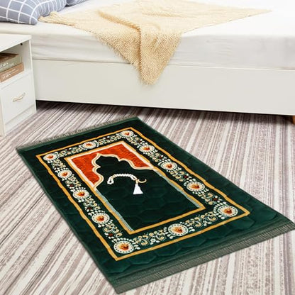 Prayer Rug Muslim Mat Islamic - Padded Very Thick Prayer Rug Sajadah for Men Women with Islam Prayer Beads, Soft and Luxury (31.5" x 47.2", Green) - color: Green