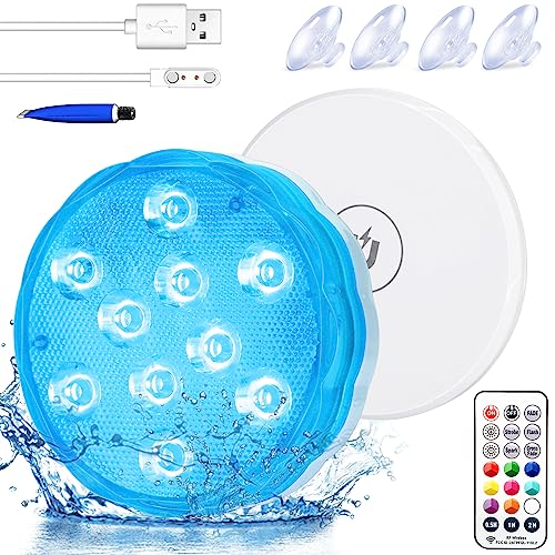 Pool Lights, Rechargeable Submersible LED Light with Strong Magnet Base,1Pc | Idealife Hot Tub Lights,RF Remote,Suction Cups & Adhesive,Waterproof RGB Color Changing,Pool Decor for Ponds,Spas,Aquariums - size: 1 Pack