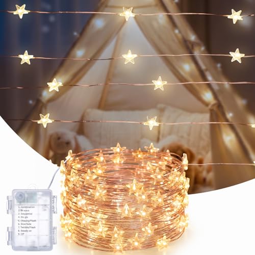 Star String Lights Battery Operated, 40ft 120 LED Mini Star Fairy Lights Copper Wire 8 Modes for Indoor Garden Decoration, Waterproof Warm White Star LED Lights for Birthday Party Wedding - color: Copper Tone, size: 40ft-120 LEDs
