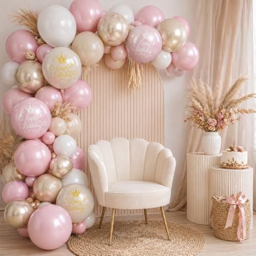 Dusty Pink Beige Gold Birthday Balloons for Women Girls, Double Stuffed Pearl Light Pink Dusty Rose Sand White Cream Printed Balloons with Metallic Light Gold Balloon for Boho Neutral Birthday Party - color: Dusty Pink White Birthday