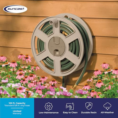 Suncast Sidewinder Wall Mount Garden Hose Reel, 100 Feet Capacity for 5/8 Inch Standard Vinyl Hosepipe, Light Taupe – Resin Water Line Holder for Lawn, Gardening and Outdoor Watering - size: 100 feet