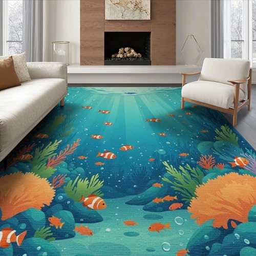 6'x9' Washable Graphic Fish Area Rug, Teal Foldable Non-Slip Large Carpet Foldable Easy Care Carpet for Queen Size Bedroom, Under Bed, Master Bedroom | Ref:1910466 - color: Blue/Pattern 40, size: 6' x 9' (Rectangular)