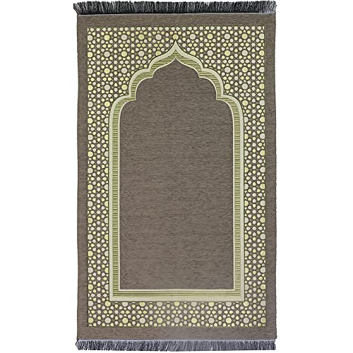 Modefa Turkish Islamic Prayer Mat - Thin Woven Chenille Sajjadah - Intricate Praying Rug Ramadan Eid Gift - Traditional Muslim Janamaz Sajada for Men Women - Geometric Selcuk Star (Beige) - color: Beige