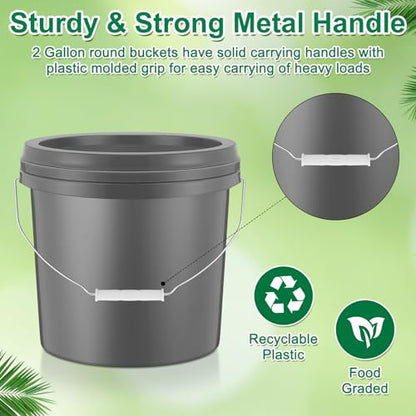Tioncy 10 Pcs 2 Gallon Plastic Buckets with Lids and Handles,Grey | Storage Pails for Paint, Cleaning, Organizing, Durable Containers, Metal Handles, Plastic Material - color: Gray