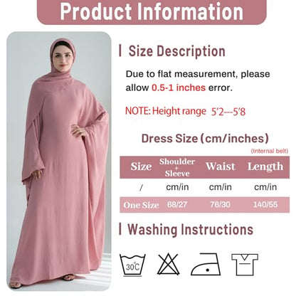 Muslim Abaya Dress Women Middle East Arabian Prayer Robe Batwing Maxi Kaftan Abaya Dress with Hijab - color: Pink