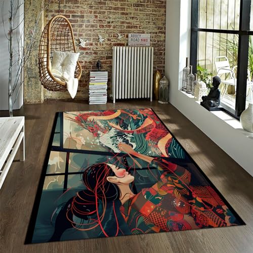 Ukiyo Style Area Rug Jackson Waves Area Rug for Home Decor Oriental Dragon and Girl Carpet for Living Room Bedroom Non Slip Rug Washable 5' x 6'7" - size: 5' x 6'7"