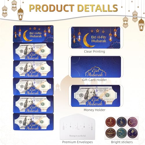 12 Pack/60 Slots Eid Envelopes for Cash, Eid Mubarak Envelopes Money Holders Bulk with Ramadan Stickers, Ramadan Mubarak Gifts for Kids (6)