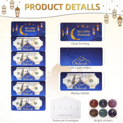 12 Pack/60 Slots Eid Envelopes for Cash, Eid Mubarak Envelopes Money Holders Bulk with Ramadan Stickers, Ramadan Mubarak Gifts for Kids (6)