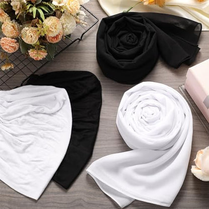 4 Pcs Women Solid Chiffon Hijab Scarves and Undercap Set Long Shawl Soft Wrap Scarves Muslim Inner Hijab Caps - color: Black, White