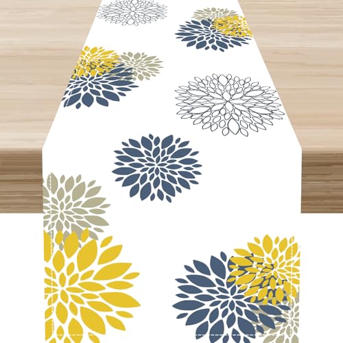 Dahlia Flower Table Runner, Geometric Floral Blue Yellow Grey Watercolor Dahlia Vibrant Rustic Spring Modern Farmhouse Table Decor for Home Party Supplies Indoor Outdoor 13x36 inch - color: Dahlia-5, size: 13x36" Table Runner