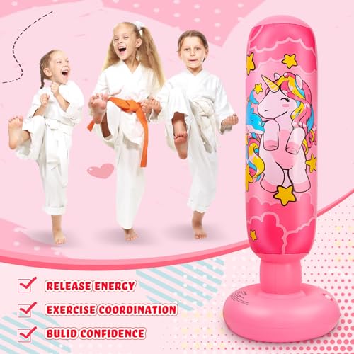 2 Pcs 47" Kids Punching Bag Girls Stable Inflatable Boxing Bag Unicorn Heavy Punch with Instant Bounce Back Movement Kids Workout Equipment Karate Gifts for Girls Karate Taekwond