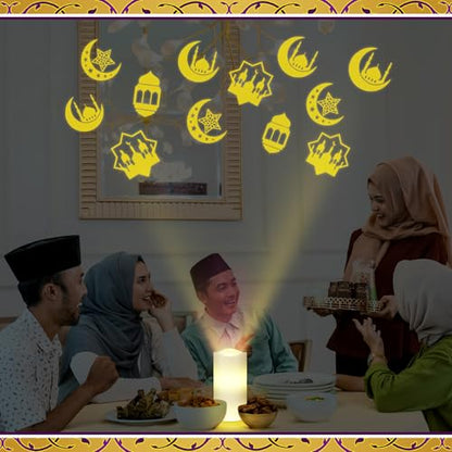Baquler Ramadan Flameless Candles Projector Light Eid Mubarak LED Candle Battery Operated Star Moon Night Light with Remote and Timer Eid Mubarak Electric Gifts Ramadan Decoration for Home Room Decor - style: Mubarak