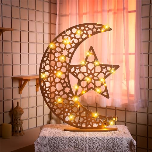 DoubleFill Eid Mubarak Ramadan Crescent Moon Star Light 27.56 x 20.67 Inches LED Wooden Ramadan Mubarak Decoration Eid Gift for Home Bedroom Floor Yard Lawn Islamic Outdoor Decor(Classic) - style: Classic