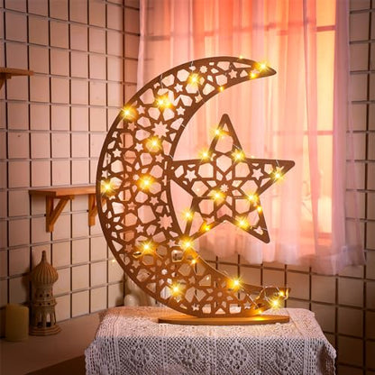 DoubleFill Eid Mubarak Ramadan Crescent Moon Star Light 27.56 x 20.67 Inches LED Wooden Ramadan Mubarak Decoration Eid Gift for Home Bedroom Floor Yard Lawn Islamic Outdoor Decor(Classic) - style: Classic
