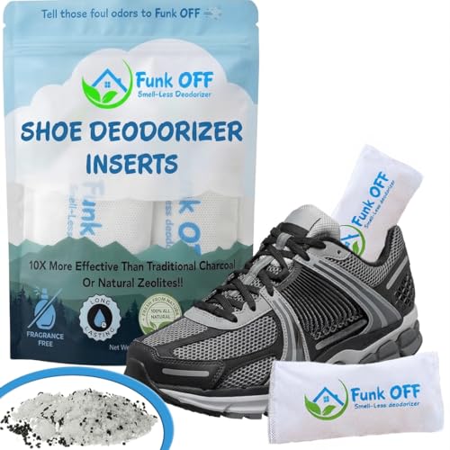 Funk OFF Unscented Natural Shoe Deodorizer Inserts, Activated Charcoal Odor Absorber for Sneakers, Odor Eaters for Shoes, Smell Remover Inserts for Gym Bags, Closets & More, Pet Friendly - Made in USA