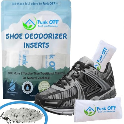 Funk OFF Unscented Natural Shoe Deodorizer Inserts, Activated Charcoal Odor Absorber for Sneakers, Odor Eaters for Shoes, Smell Remover Inserts for Gym Bags, Closets & More, Pet Friendly - Made in USA