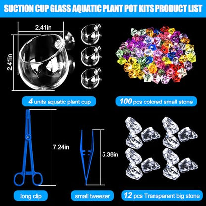 4pcs Glass Aquarium Decor Plant Pot，Crystal Aquatic Plant Pot with Suction Cup, Betta Resting Bed Spot，Aquarium Planter Landscaping Cup with Stones Clip and Tweezers (4pcs Glass Aquarium Plant Pot) - size: 4pcs glass aquarium plant pot