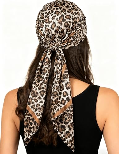 Leopard Head Scarf for Women - Lightweight Large Square Satin Hair Scarf | Soft lightweight leopard head scarf, versatile as bandana, hair wrap or fashion accessory for daily wear 35'' × 35''