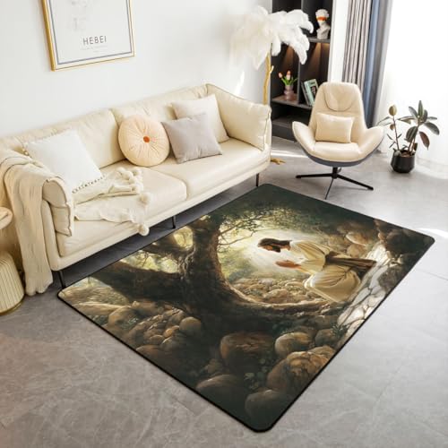 Manfei God Praying Kids Area Rug,The Garden of Gethsemane Indoor Floor Mat Entrance Rug for Girls Boys,Western Bible Verse Spiritual Non Slip Rug,Black Gray Couch Living Room Decor,5'x6'6'' - color: Black Gray, size: 4'11" x 6'7" (Rectangular)